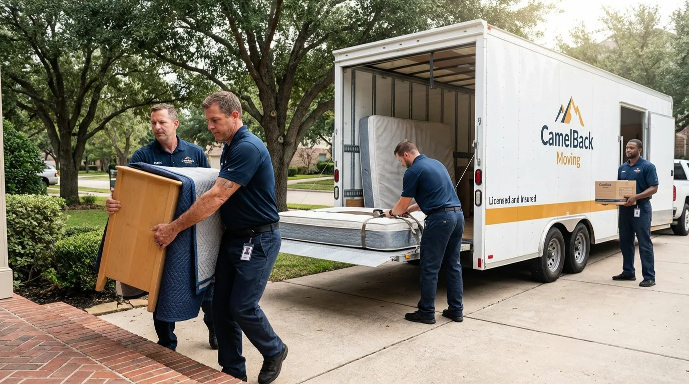 Crew loading residential truck for cross-state move from Port Angeles, WA