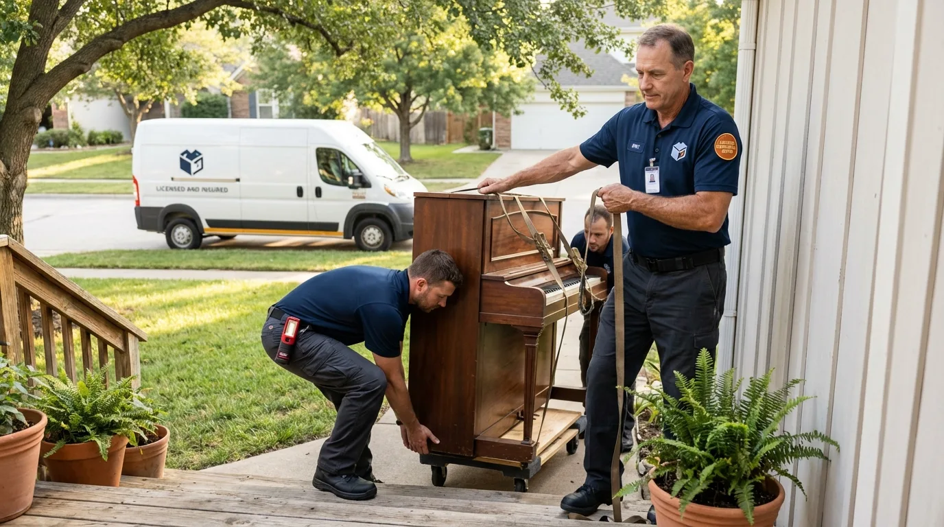 Licensed piano movers securing grand piano in Port Angeles, WA