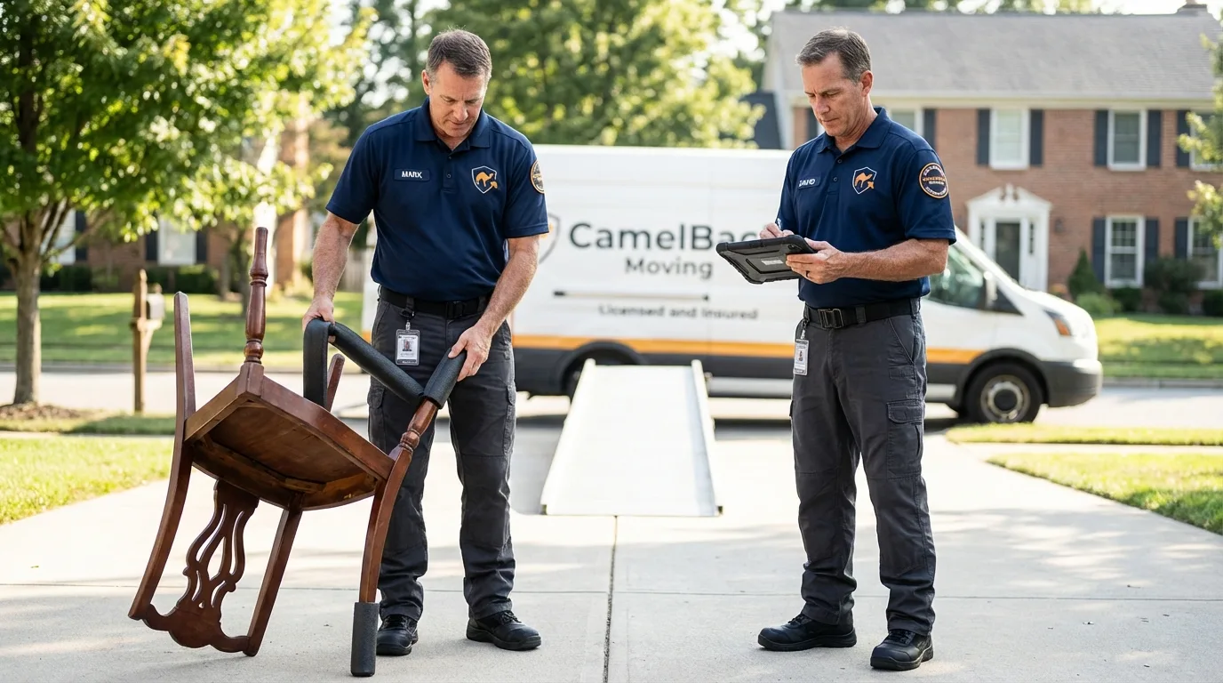 Movers inspecting furniture for damage prevention before loading in Port Angeles, WA
