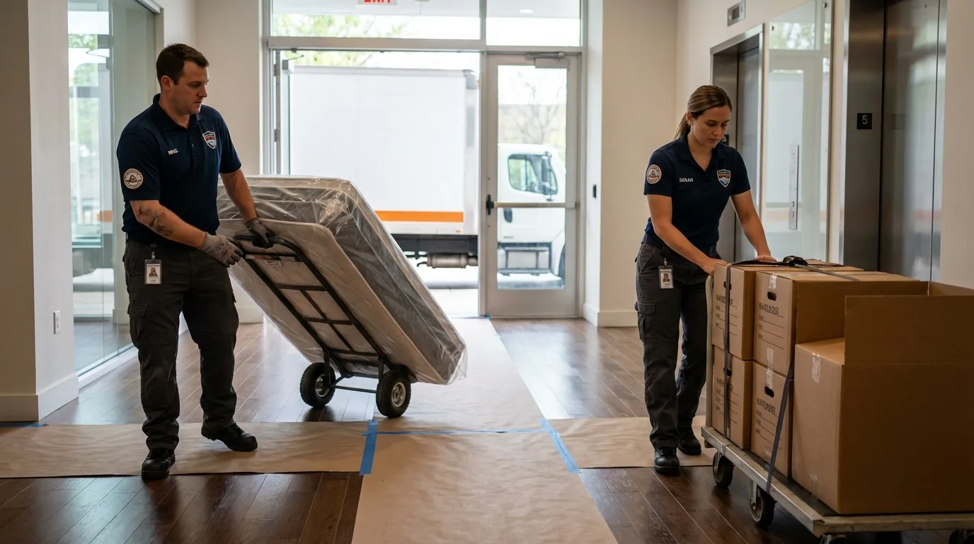 Professional apartment movers loading elevator in Port Angeles, WA