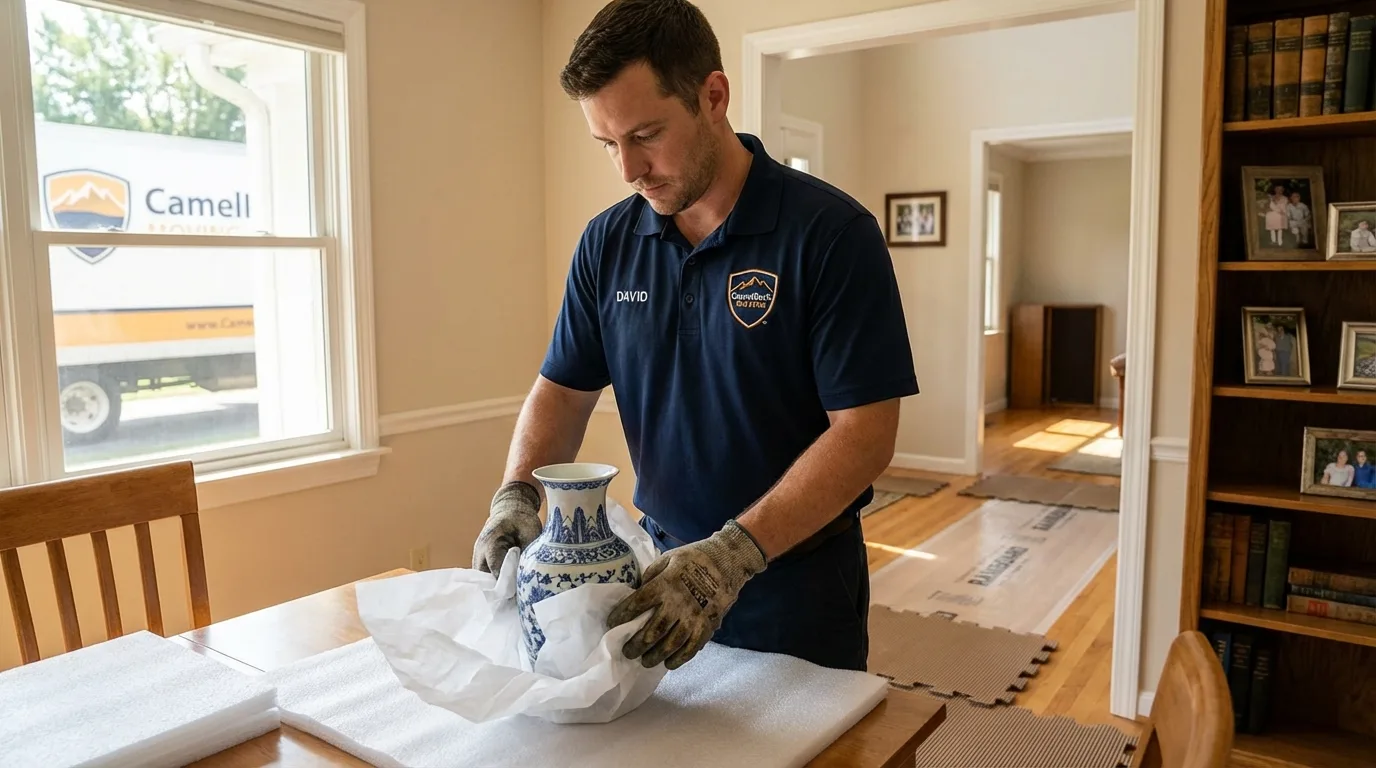 Professional crew carefully wrapping antique vase for senior downsizing move in Port Angeles, WA